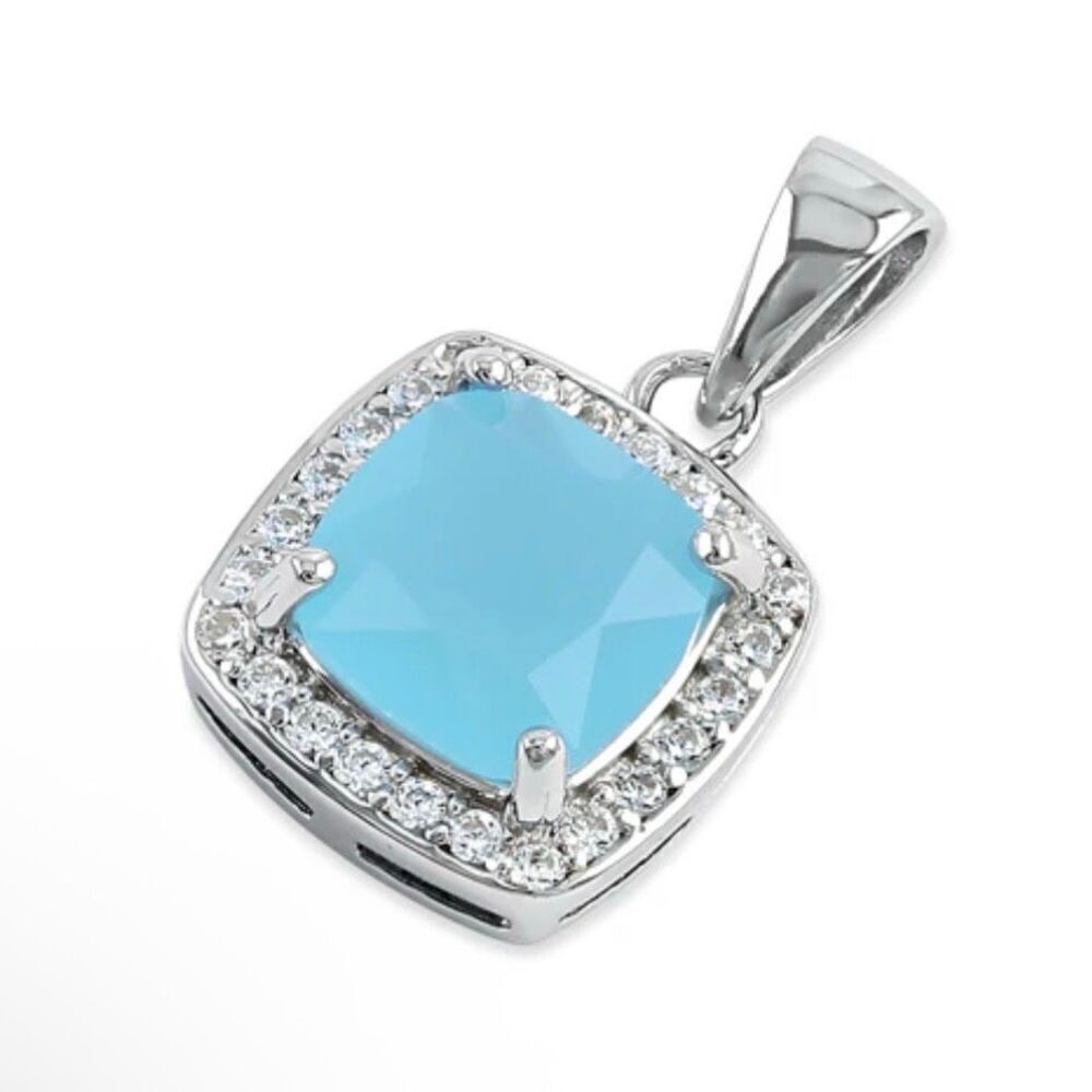 Sterling Silver Milky Blue Glass Cushion CZ Halo Necklace Pendant